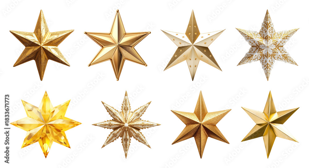 Obraz premium PNG Golden stars with intricate designs, element set on transparent background