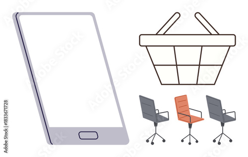 Smartphone with blank screen, shopping basket, and three office chairs in varying colors. Ideal for online shopping, e-commerce, workplace collaboration, business management, retail, digital tools