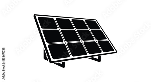 A black and white illustration of a solar panel facing upwards a clean energy source silhouette