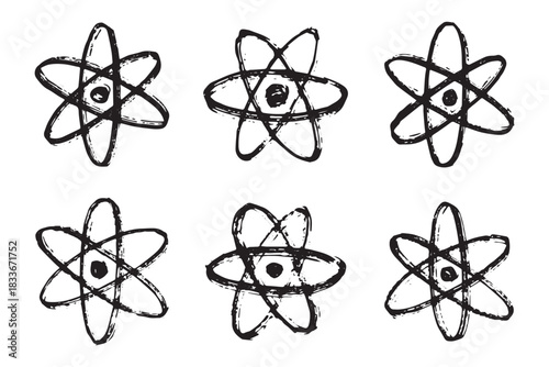 Set of hand drawn atom sign Molecule clipart in doodle style Symbol of science, education, nuclear energy, scientific research, molecular chemistry Single element for print, web, design