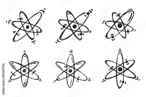 Set of hand drawn atom sign Molecule clipart in doodle style Symbol of science, education, nuclear energy, scientific research, molecular chemistry Single element for print, web, design