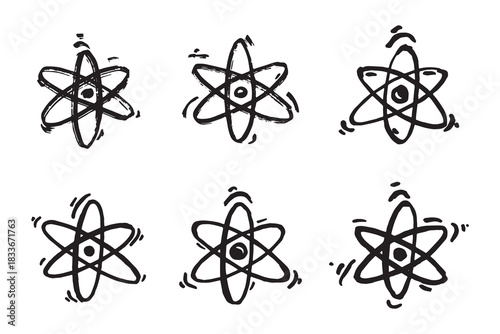 Set of hand drawn atom sign Molecule clipart in doodle style Symbol of science, education, nuclear energy, scientific research, molecular chemistry Single element for print, web, design