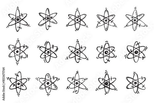 Set of hand drawn atom sign Molecule clipart in doodle style Symbol of science, education, nuclear energy, scientific research, molecular chemistry Single element for print, web, design