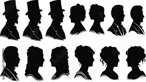 Black silhouettes of men and women in historical attire facing each other woman