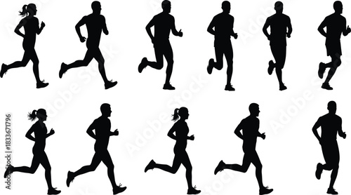 Black silhouettes of men and women running in various poses on a white background 1