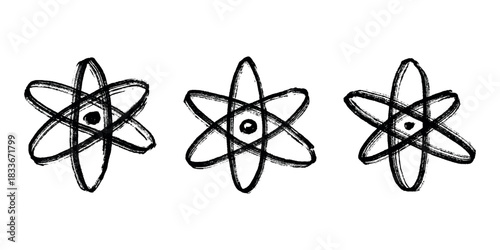 Set of hand drawn atom sign Molecule clipart in doodle style Symbol of science, education, nuclear energy, scientific research, molecular chemistry Single element for print, web, design