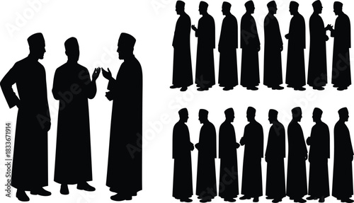 Black silhouettes of men in traditional Islamic attire conversing and standing in groups