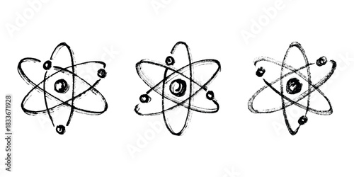 Set of hand drawn atom sign Molecule clipart in doodle style Symbol of science, education, nuclear energy, scientific research, molecular chemistry Single element for print, web, design
