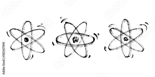 Set of hand drawn atom sign Molecule clipart in doodle style Symbol of science, education, nuclear energy, scientific research, molecular chemistry Single element for print, web, design