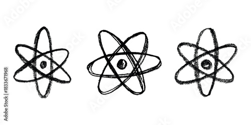 Set of hand drawn atom sign Molecule clipart in doodle style Symbol of science, education, nuclear energy, scientific research, molecular chemistry Single element for print, web, design