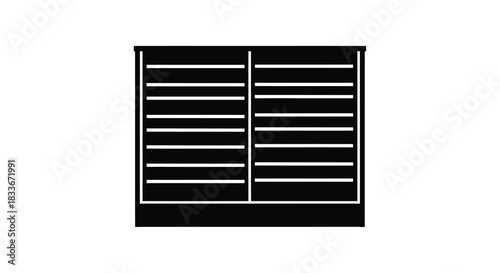A minimalist black and white icon depicting a rectangular shelving unit silhouette