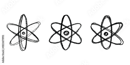 Set of hand drawn atom sign Molecule clipart in doodle style Symbol of science, education, nuclear energy, scientific research, molecular chemistry Single element for print, web, design