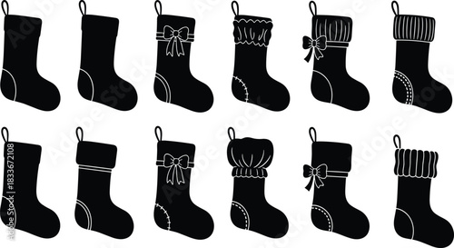 Collection of black Christmas stocking silhouettes with decorative elements white