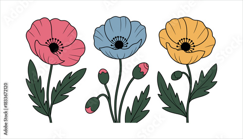 Three stylized poppies in pink blue and yellow with green leaves and buds poppy flower pink poppy