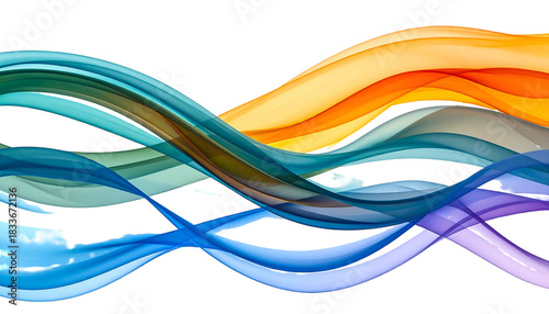 Abstract image of layered, flowing ribbons in vibrant shades of blue, orange, and purple