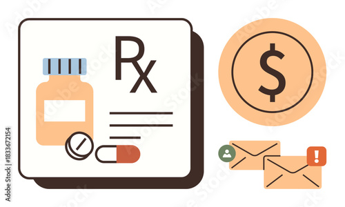 Pill bottle with tablets, Rx sign, dollar coin, alert and mail icons. Ideal for medicine, healthcare, pharmacy, pricing billing communication digital notifications. Simple flat metaphor