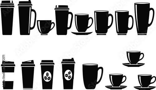 Collection of black coffee cups and to go cups with coffee bean icons coffee beans
