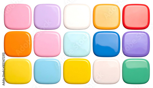 Colorful, glossy, rounded-square shapes arranged in rows against a black background