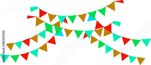 Colorful festive bunting strings in red, green, aqua, and brown creating a cheerful celebration atmosphere on a clean white background.
