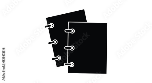 A stack of black pages bound with metal rings displaying a minimalist graphic silhouette