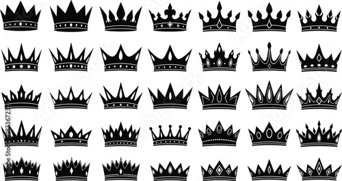 Collection of black silhouette royal crowns with decorative elements on white background