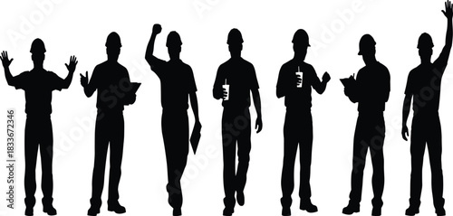 Collection of black silhouettes of construction workers in various poses on white background