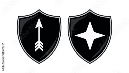 Two black shields with white symbols an arrow and a four pointed star emblem icon