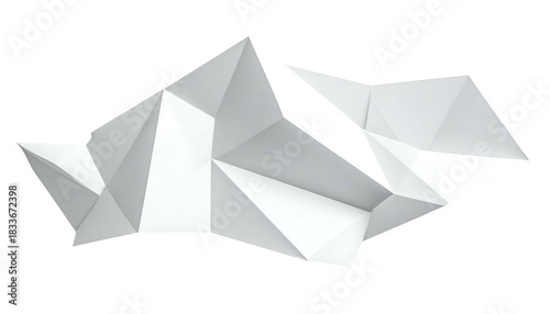 Geometric, white, polygonal form with sharp angles and facets, isolated on black
