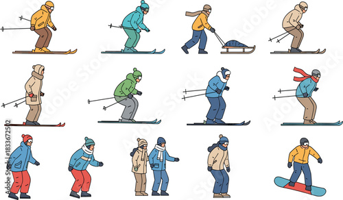 Collection of cartoon winter sports characters skiing snowboarding and pulling sled