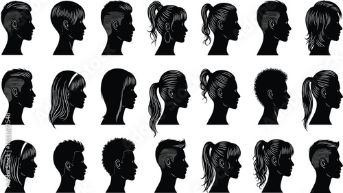Collection of diverse black and white profile silhouettes of men and women with various hairstyles