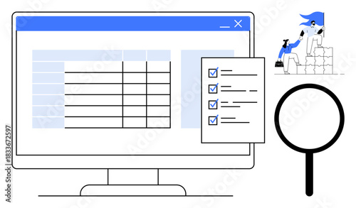 Data analysis, organization, project management, teamwork, quality control, digital tools. Desktop screen with a table, checklist magnifying glass and team working. Data analysis and project