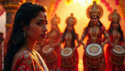 Woman in white-red saree applying sindoor, traditional dhak drummers in silhouette, Durga mandap decorated.