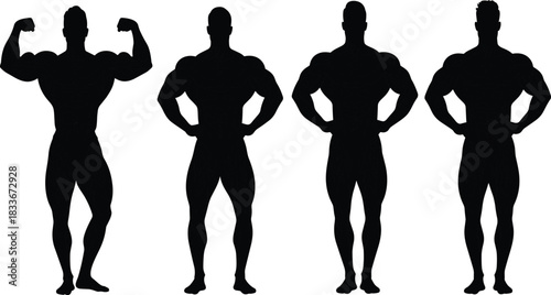 Four black silhouettes of muscular men posing on a white background bodybuilder fitness