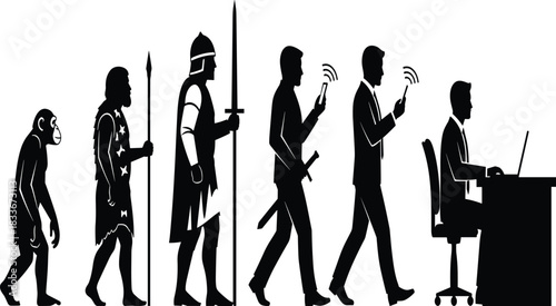 Human evolution from ape to office worker with technology monkey primitive man