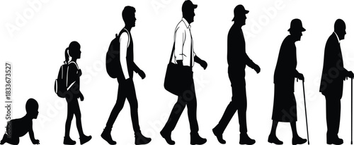 Silhouettes of people representing different life stages from baby to elderly crawling