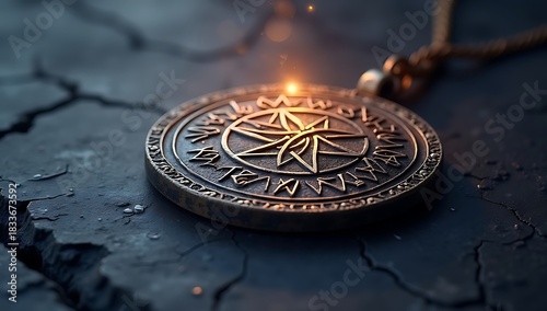 Circular antique amulet with mystical symbols, engraved metal, aging cracks, floating on dark gradient background, soft magical glow