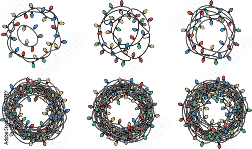 Six tangled strings of colorful Christmas lights on white background string lights