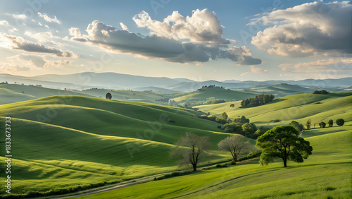 landscape with mountains, Landscape of rolling green hills under soft clouds, natural daylight, peaceful outdoor scene