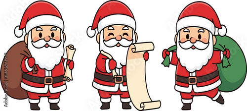Three cartoon Santas in red suits with white trim holding gifts and a scroll Santa Claus