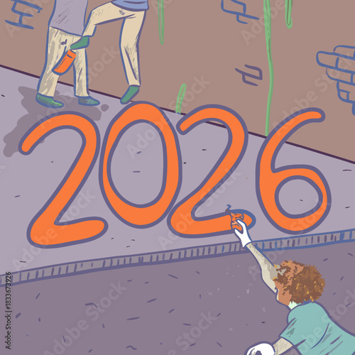 Creative individuals spray paint the year 2026 onto a textured wall with a sidewalk in the foreground