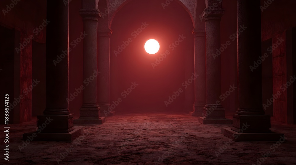 Fototapeta premium An ancient hall with stone columns illuminated by a mysterious distant red glowing orb