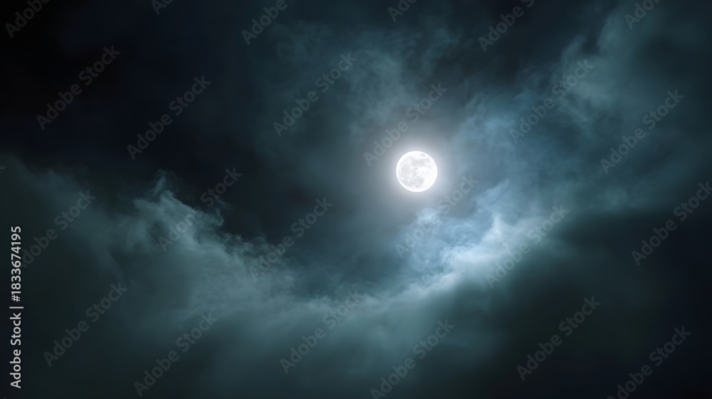 Fototapeta premium A bright full moon shines through dramatic dark clouds in a moody night sky