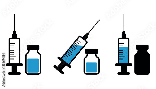 Three medical syringes and vials with blue liquid on white background healthcare injection