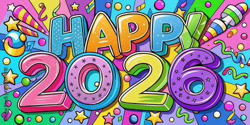 Vibrant and colorful graffiti style happy new year 2026 celebration with confetti stars and party poppers