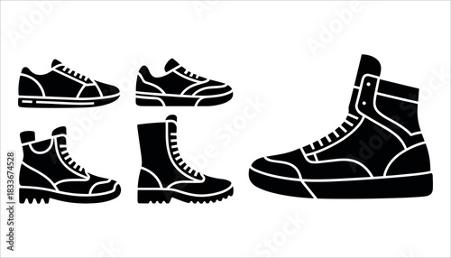 Black silhouette icons of sneakers and boots on white background shoe footwear