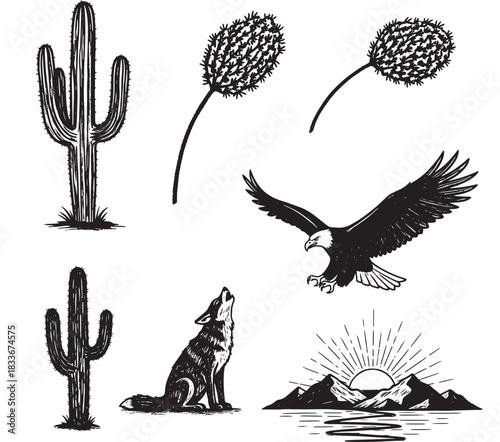 Striking desert wildlife illustration with soaring eagle, howling wolf, and majestic cacti, capturing the spirit of the Southwest and its timeless beauty in a vintage style
