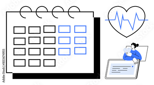 Healthcare appointment scheduling. Calendar, heartbeat graph, and digital consultation healthcare, telemedicine services, and remote patient management. For health apps, medical tools, e-healthcare