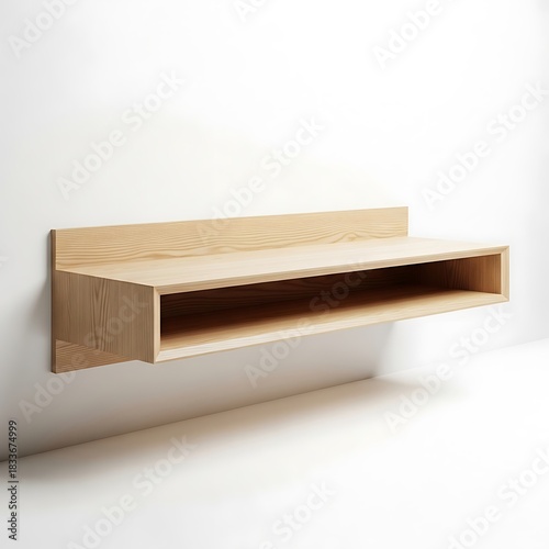 Minimalist modern wooden floating shelf mounted on a white wall