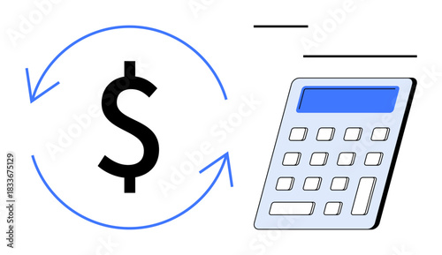 Finance, budgeting, accounting, savings, calculation, tax planning. A dollar sign and a calculator with arrows. Finance and budgeting through monetary symbols and tools