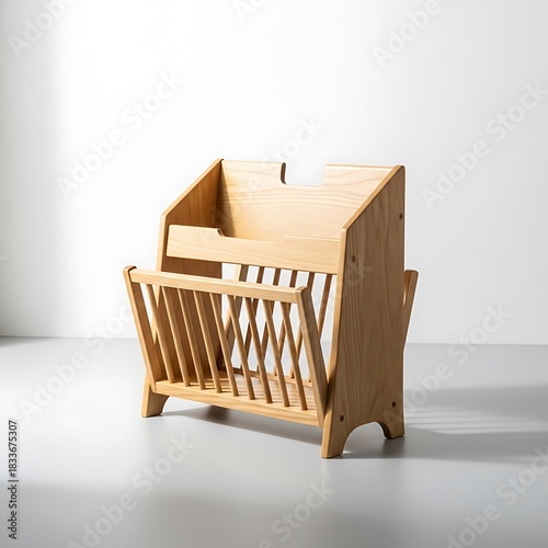 Natural wood magazine rack with compartments and handle